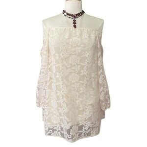 Womens Y2K Fairy Boho Cream Lace Off The Shoulder Cold Shoulder Mini Dress Sz M